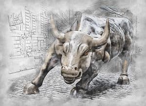 En tjurstaty som symboliserar Wall Streets finansmarknad i New York.