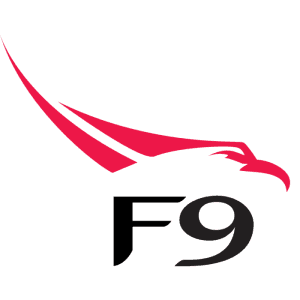 Falcon 9-logotyp med en stiliserad röd falk och siffran 9.