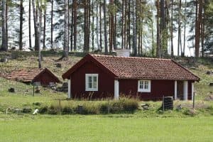 Röd sommarstuga med träd i bakgrunden