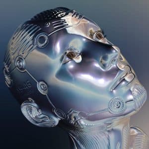 Futuristiskt robothuvud med metalliska drag.