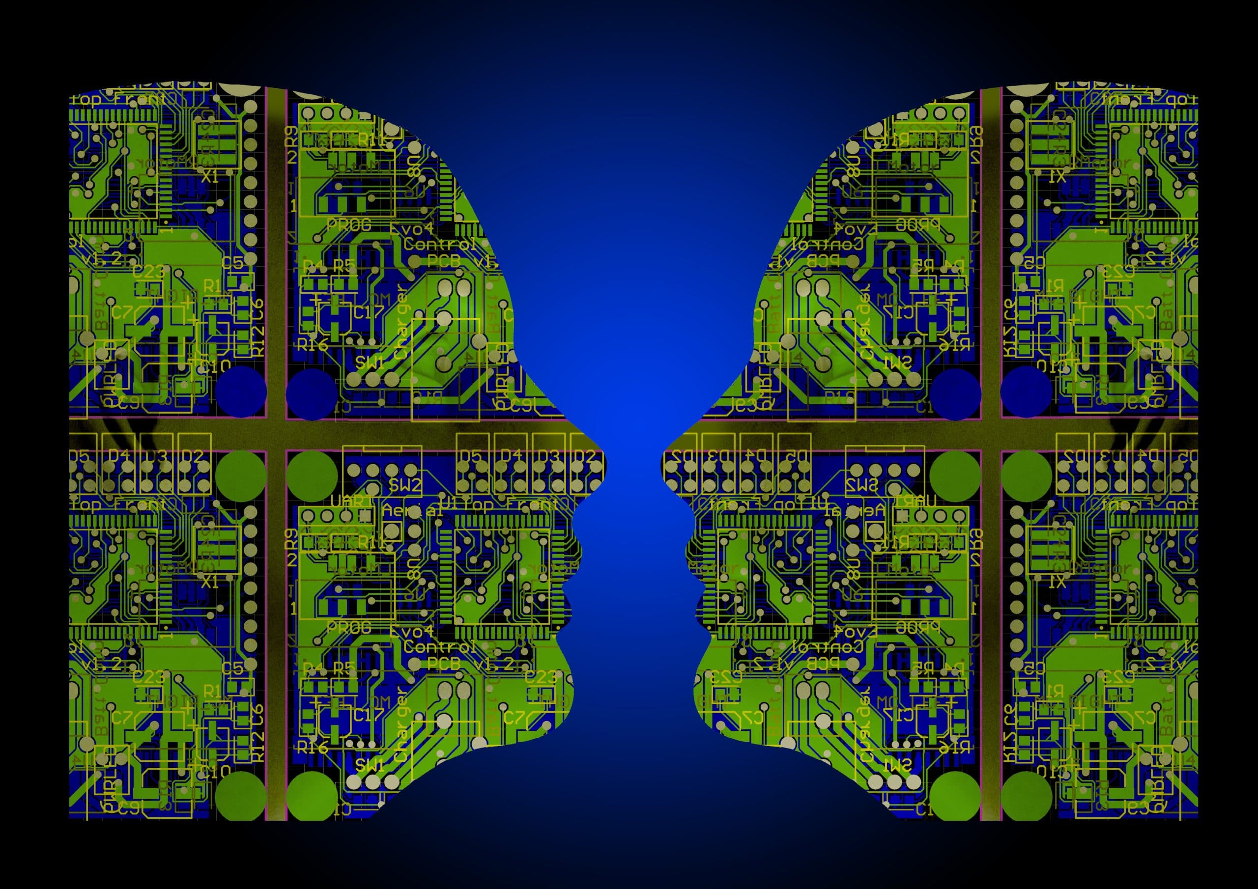 Silhouettes of two human faces made of circuit boards facing each other.