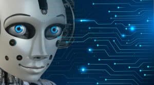 En robot med blå ögon och digitala kretsar i bakgrunden.