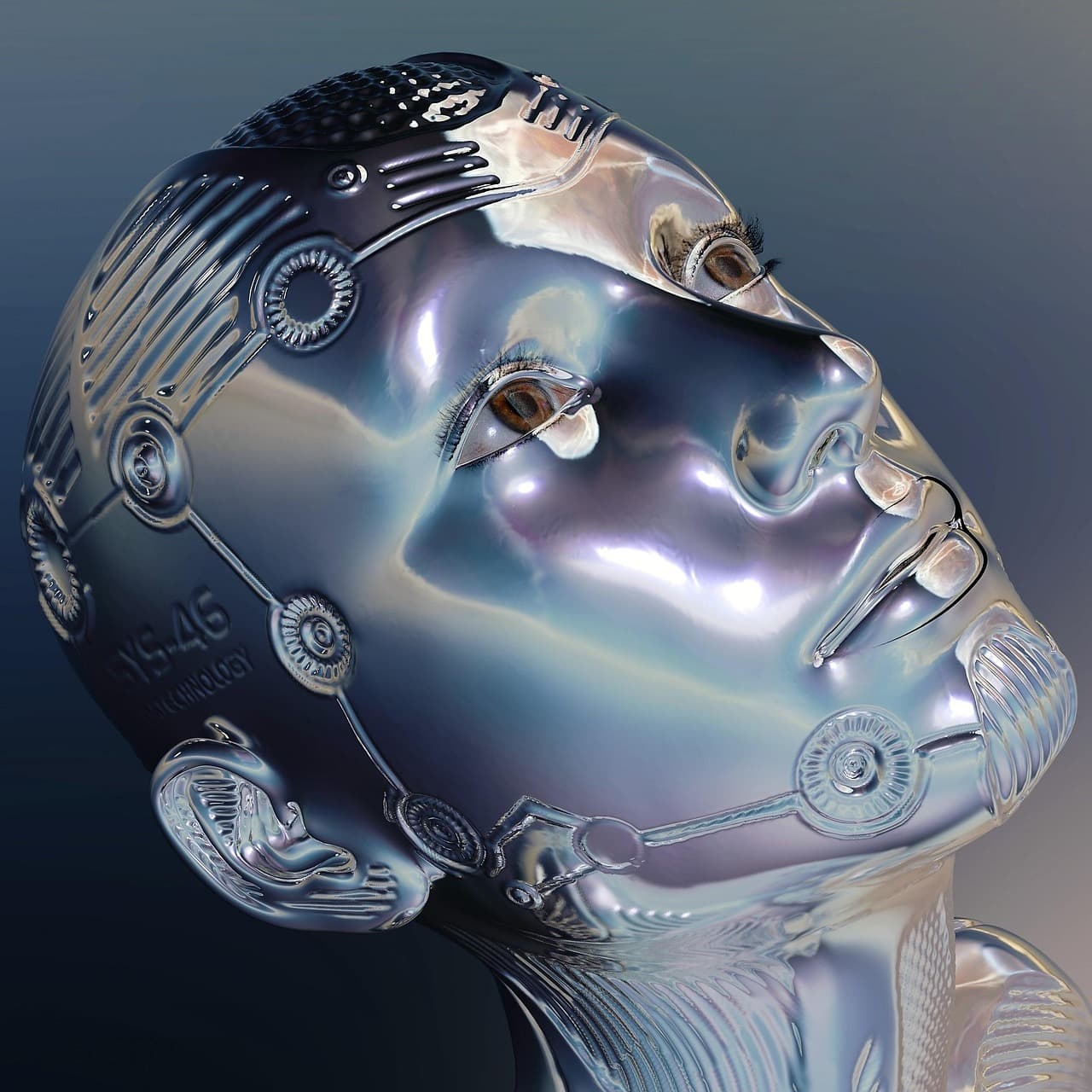En futuristisk robotansikte med metalliska detaljer.