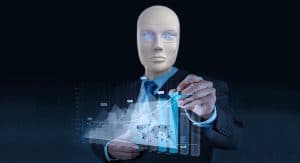 En robotfigur pekar på en digital graf med statistik.