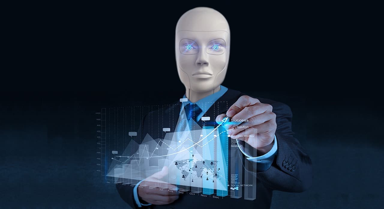 En robotfigur pekar på en digital graf med statistik.