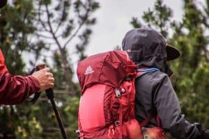 Två personer med ryggsäckar vandrar i skogen.