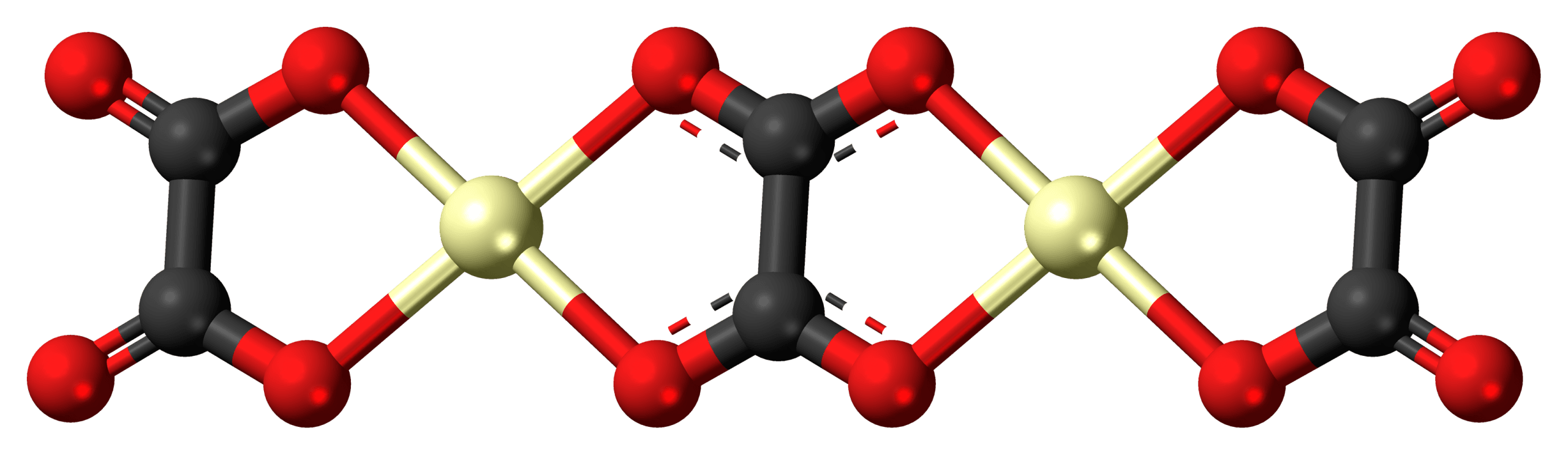 3D model of cerium oxalate molecule with red, black, and yellow spheres.