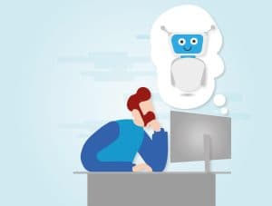 Illustration av en man vid en dator som tänker på en robot.