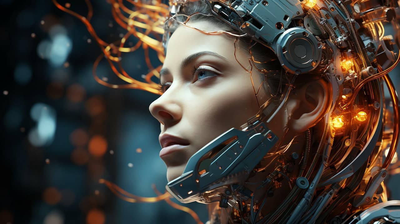 Närbild av en kvinna med futuristisk robotutrustning och lysande kablar.