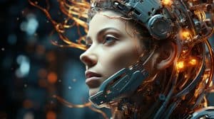 Kvinna med futuristisk AI-hjälm och lysande kablar
