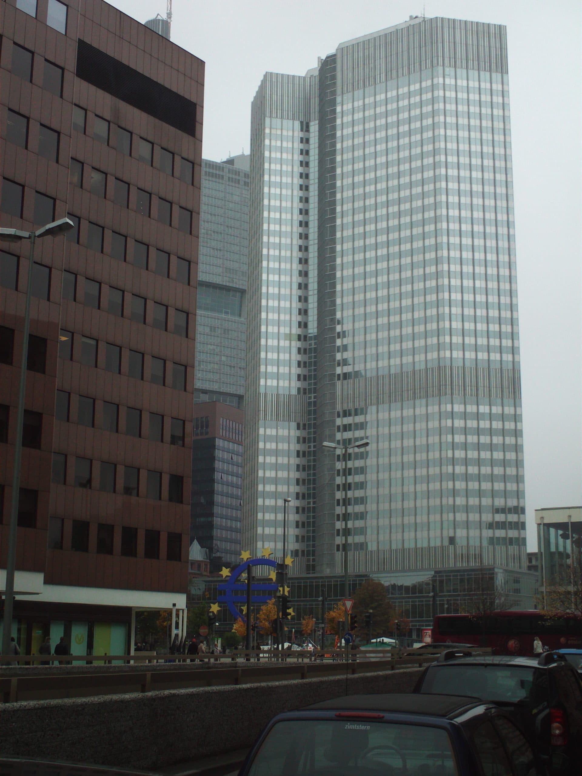 ECB building with modern architecture and tall glass windows.