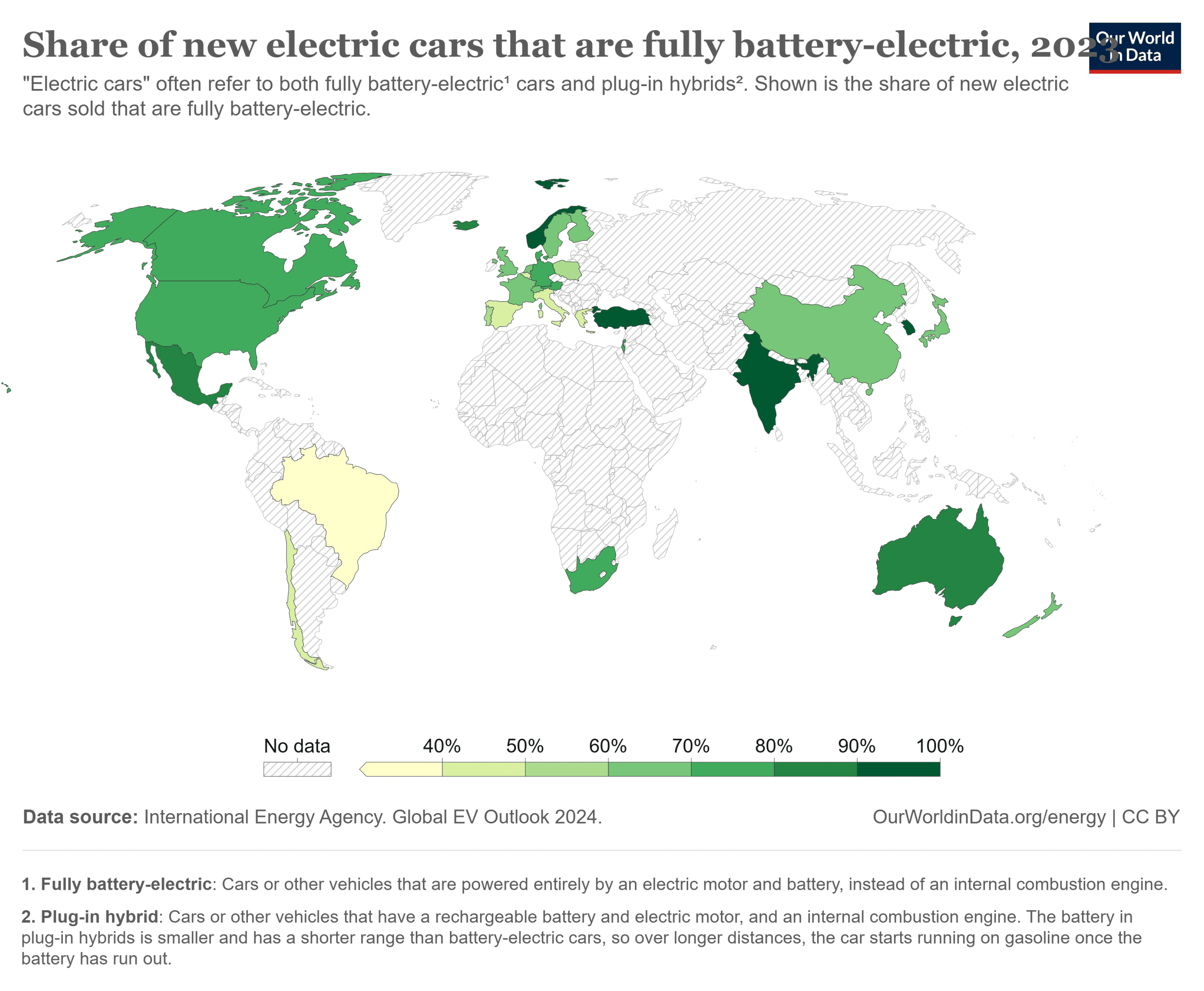 World map showing share of new electric cars that are fully battery-electric in 2023.