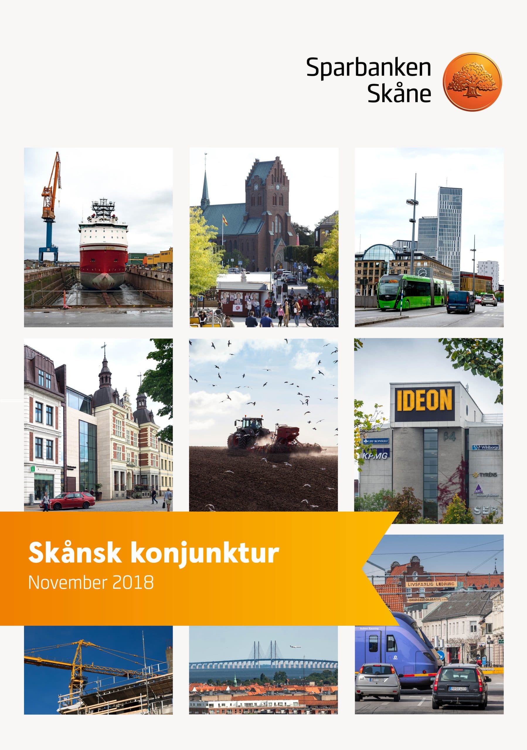 Collage av bilder från Skåne med fokus på ekonomi och infrastruktur.