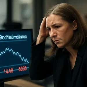 En kvinna i affärskläder ser bekymrad ut medan hon tittar på en datorskärm med en nedåtgående aktiekurva.