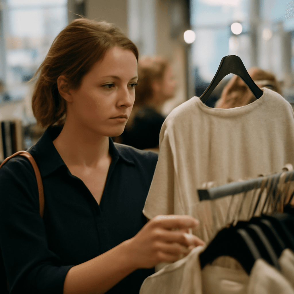 En kvinna i en klädbutik som granskar en blus som hänger på en klädhängare.