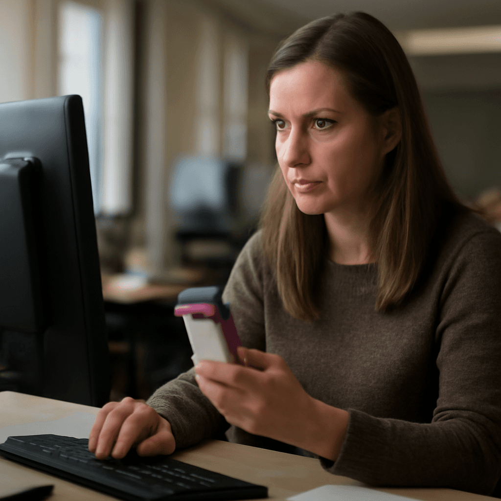 En kvinna med brunt hår sitter vid en dator och håller i en mobiltelefon, ser fokuserad ut.