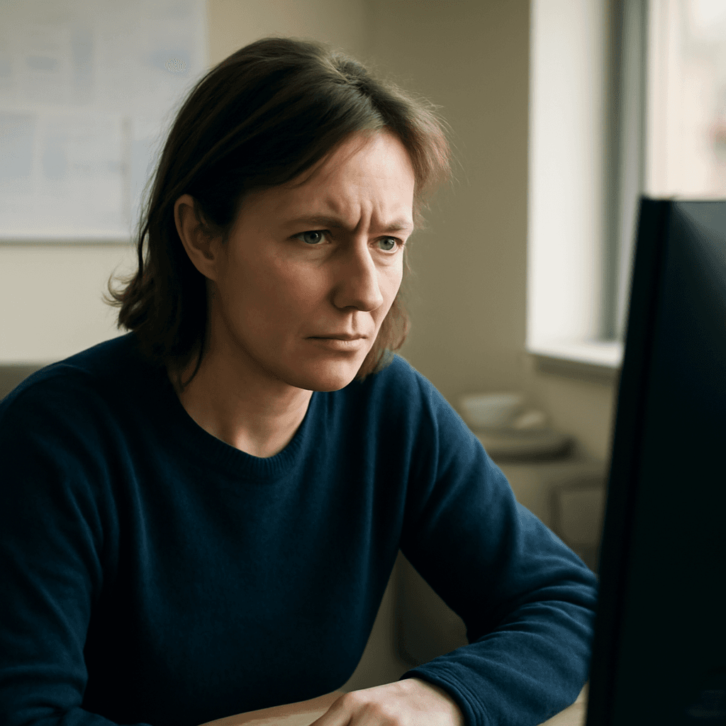 En kvinna med kort brunt hår sitter vid ett skrivbord och tittar koncentrerat på en datorskärm.