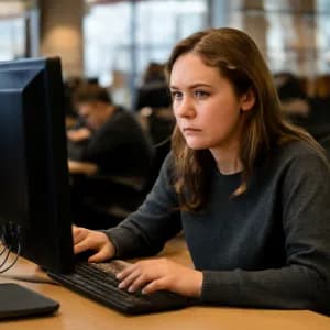 En kvinna med långt brunt hår sitter vid en dator och ser koncentrerad ut. I bakgrunden syns andra personer som arbetar vid sina datorer.