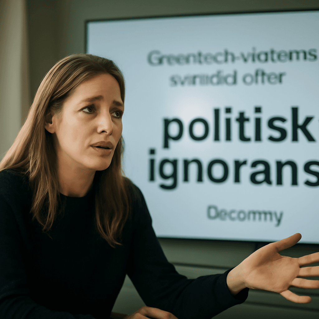 En kvinna med långt brunt hår sitter vid ett bord och gestikulerar medan hon pratar. I bakgrunden syns en stor skärm med text.