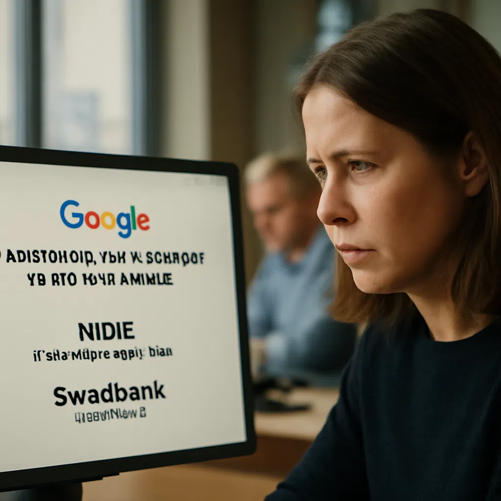 En kvinna sitter vid en dator med Google-sökning synlig på skärmen, med text om NIBE och Swedbank.