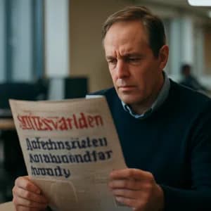 En man i en mörk tröja sitter vid ett bord och läser en tidning med text på framsidan.