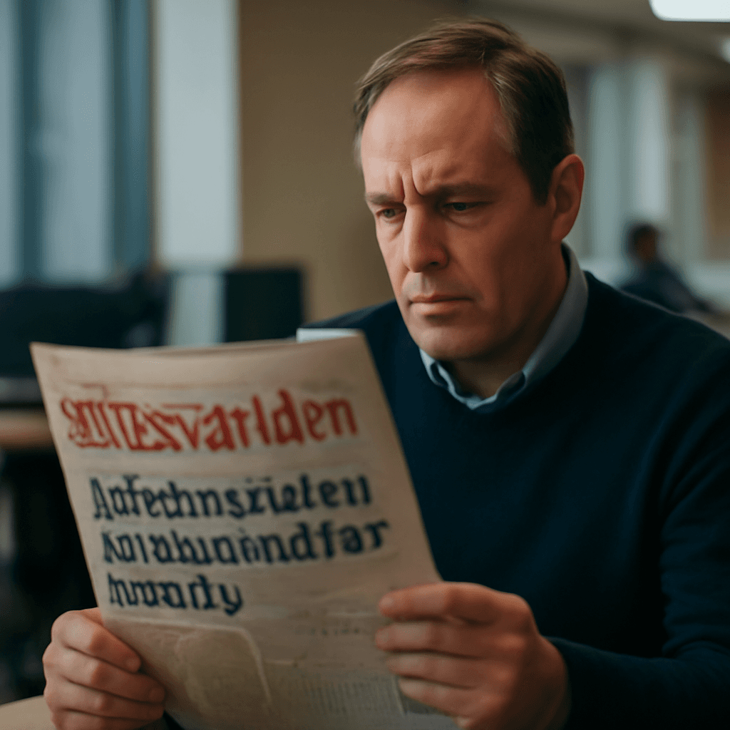En man i en mörk tröja sitter vid ett bord och läser en tidning med text på framsidan.