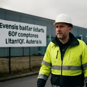 En man i gul säkerhetsjacka och vit hjälm står framför en fabrik med en stor skylt. Molnig himmel.