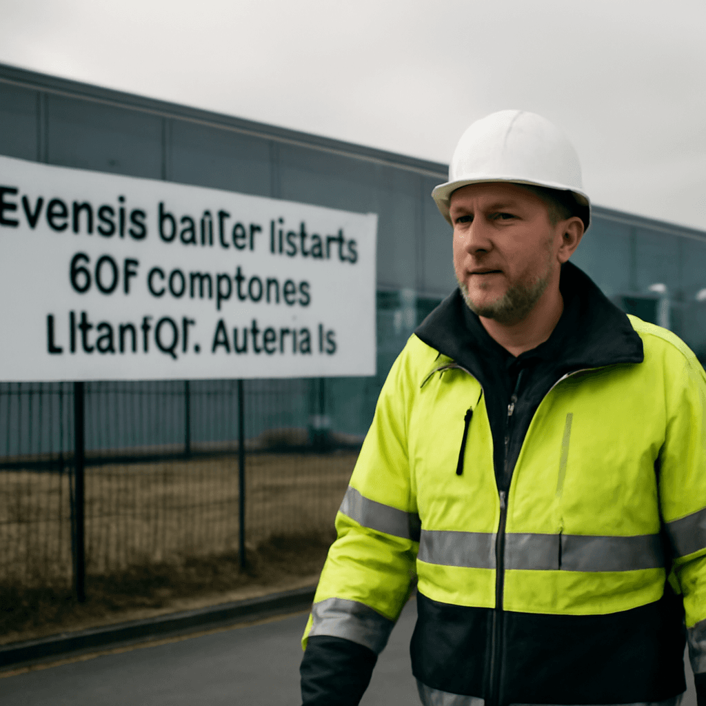 En man i gul säkerhetsjacka och vit hjälm står framför en fabrik med en stor skylt. Molnig himmel.