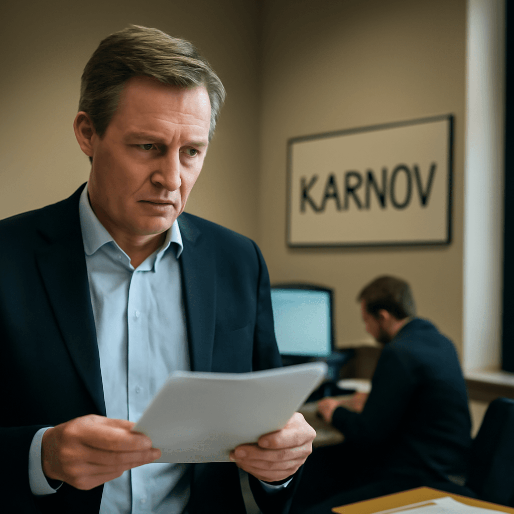 En man i kostym håller i papper och ser bekymrad ut, med en skylt med texten 'Karnov' i bakgrunden.