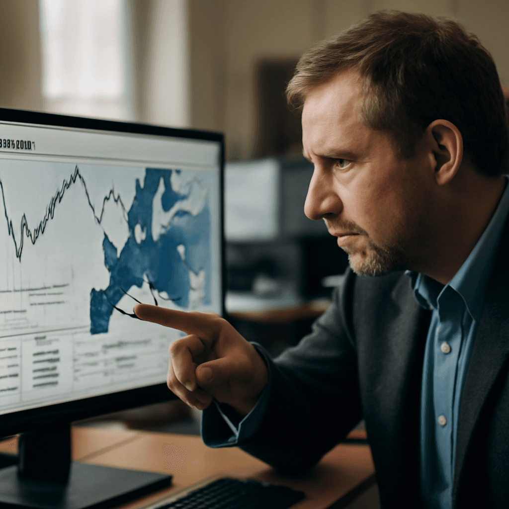 En man i kostym pekar på en datorskärm som visar en graf med ekonomiska data och diagram.