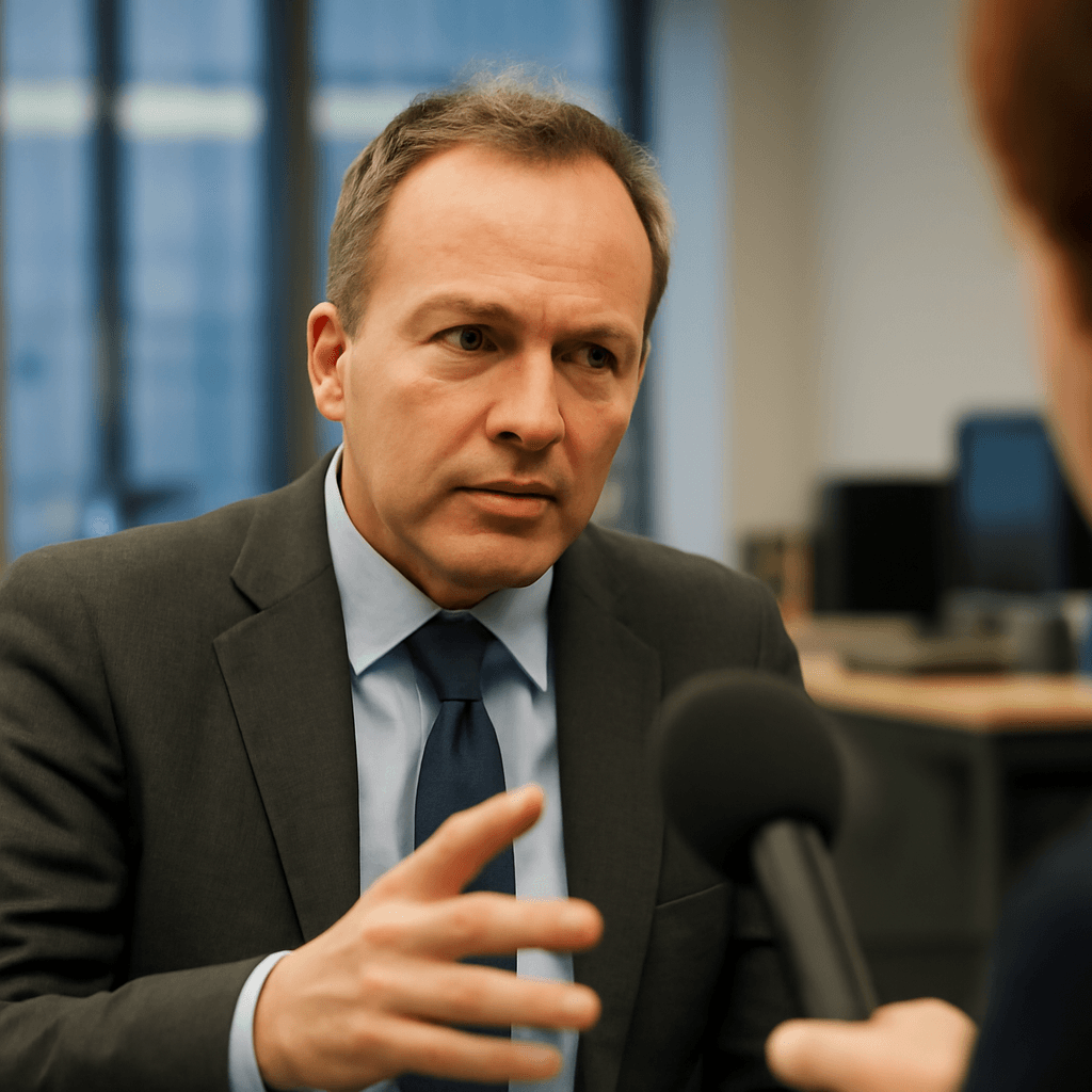 En man i kostym pratar allvarligt med en mikrofon riktad mot honom, i en kontorsmiljö med datorer i bakgrunden.