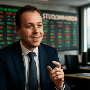 En man i kostym pratar med ett engagerat uttryck, omgiven av skärmar som visar aktiekurser.