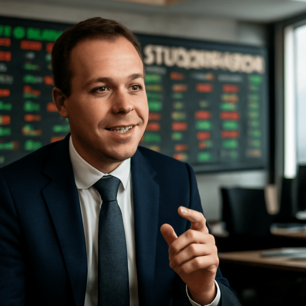 En man i kostym pratar med ett engagerat uttryck, omgiven av skärmar som visar aktiekurser.