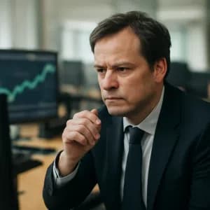 En man i kostym sitter vid en dator med en koncentrerad min, omgiven av skärmar som visar aktiekurvor.