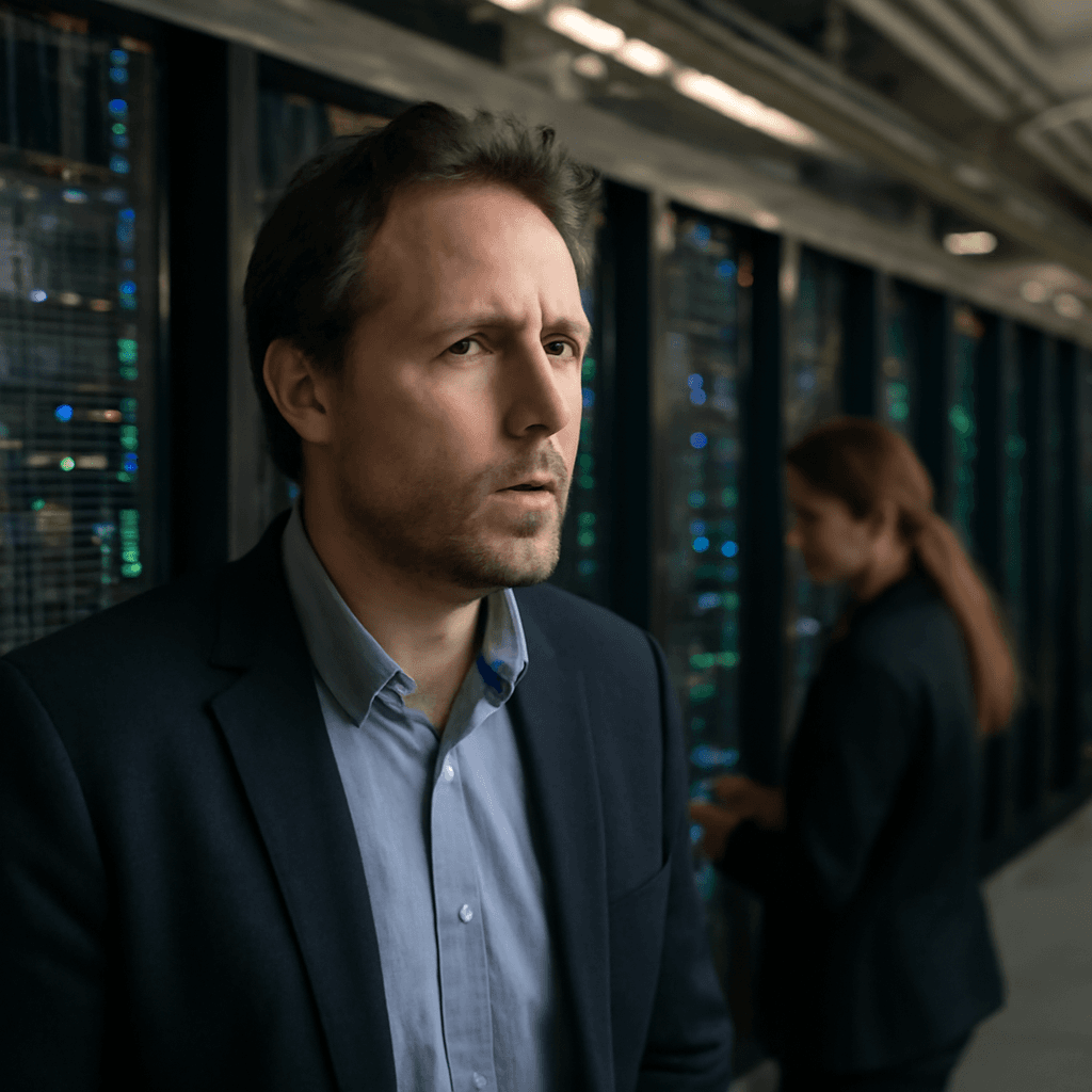 En man i kostym står framför datacenterutrustning med blinkande lampor, en kvinna arbetar i bakgrunden.