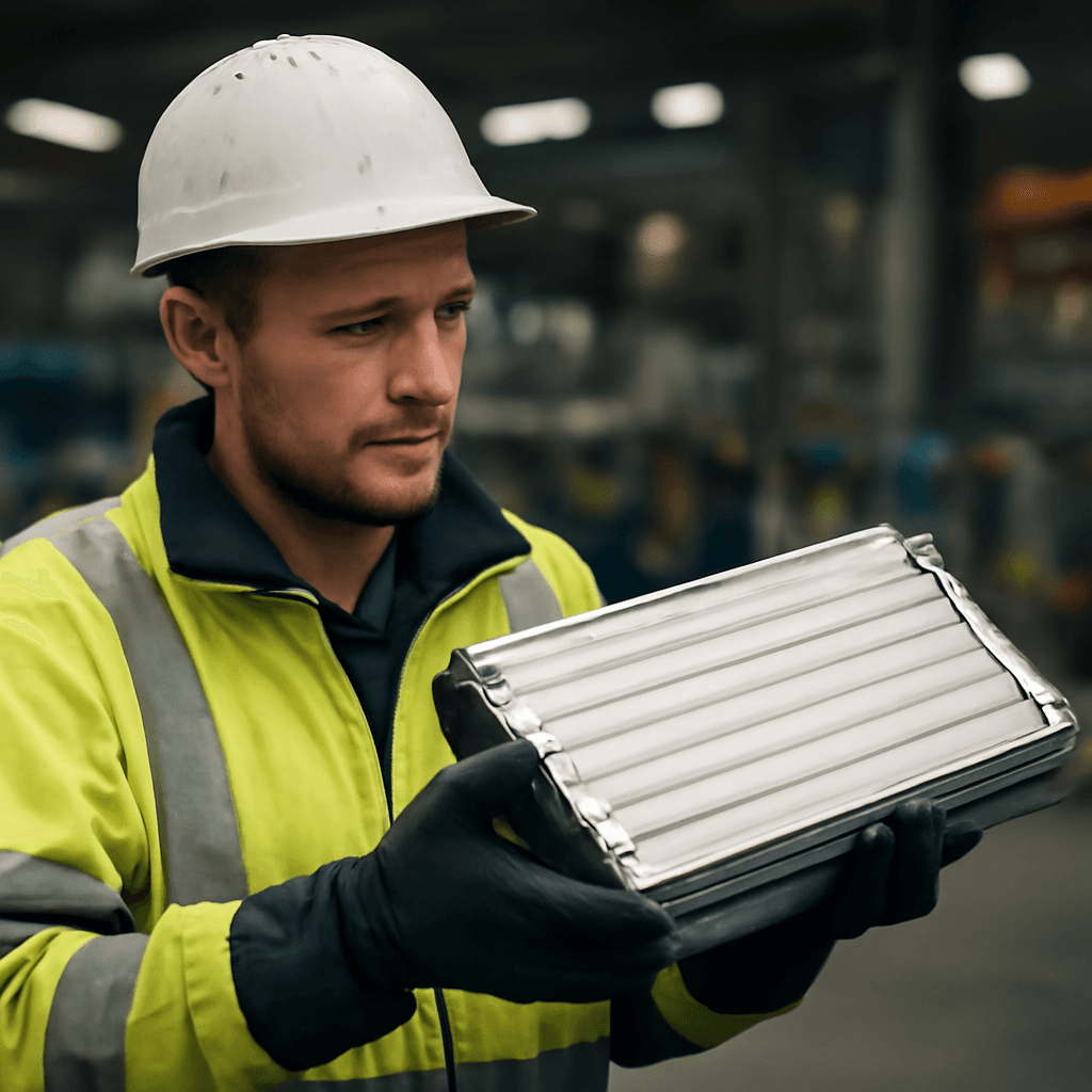 En man i skyddshjälm och reflexjacka håller i en batterimodul i en fabriksmiljö.