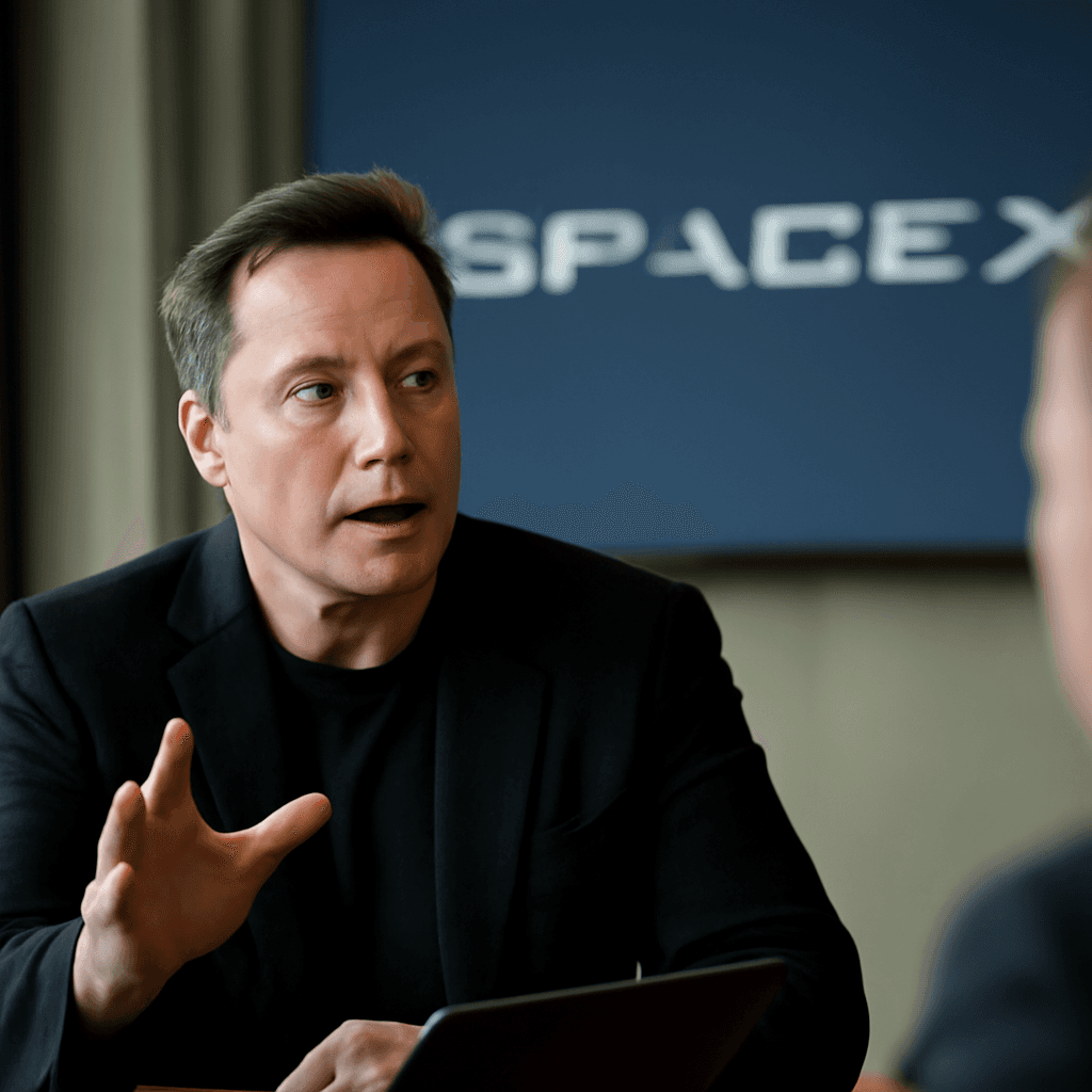 En man i svart jacka gestikulerar medan han pratar, med en logotyp för SpaceX i bakgrunden.