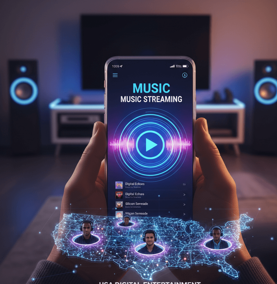 En smartphone visar en musikstreamingapp med högtalare i bakgrunden.