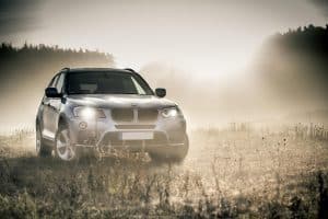 En SUV parkerad på en dimmig äng.