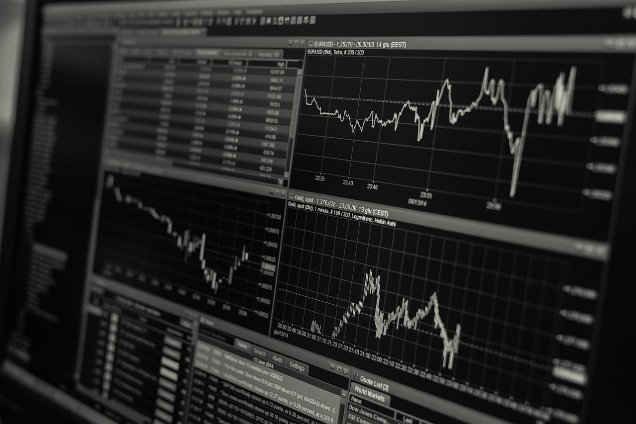 Datorskärm med flera finansiella diagram och grafer.