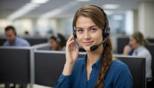 Kvinna med headset på ett kontor.