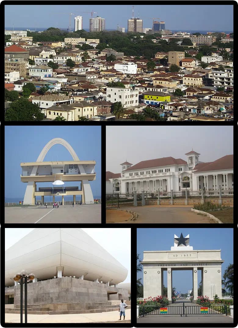 Vy över centrala Accra med flera byggnader och monument.
