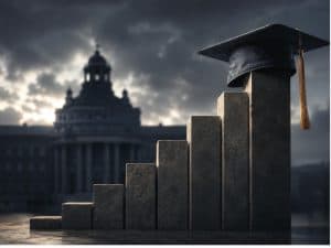 CSN-räntan 2026 – studentmössa på en stigande trappa av staplar