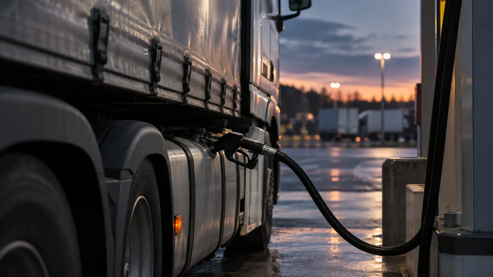 Lastbil som tankar diesel vid en pump i skymning, AI-genererad illustration