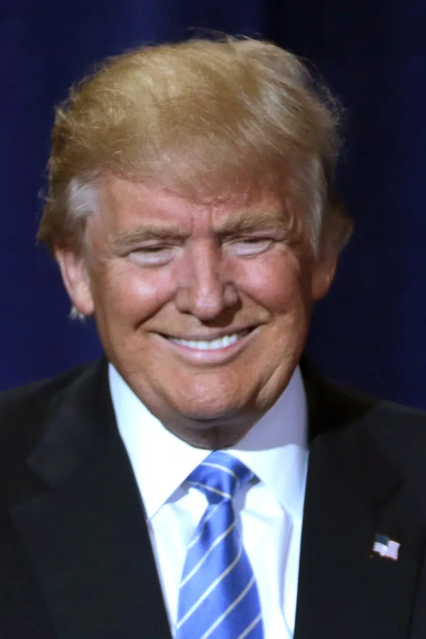 Donald Trump ler och bär en blå slips.