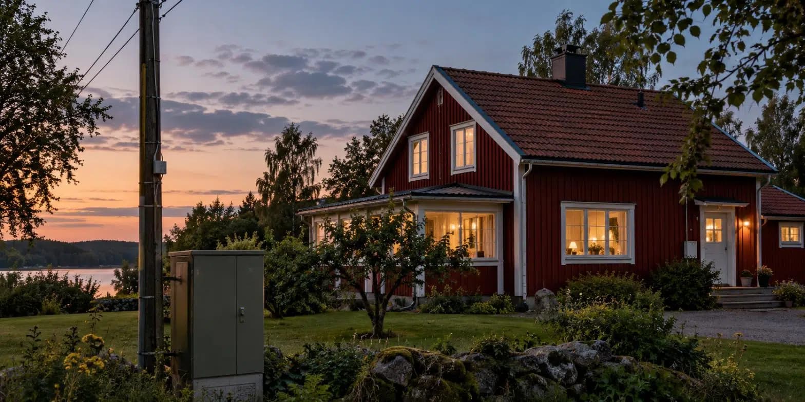 Villa med tänd belysning i skymning, elmätarskåp och elstolpe vid tomtgränsen.