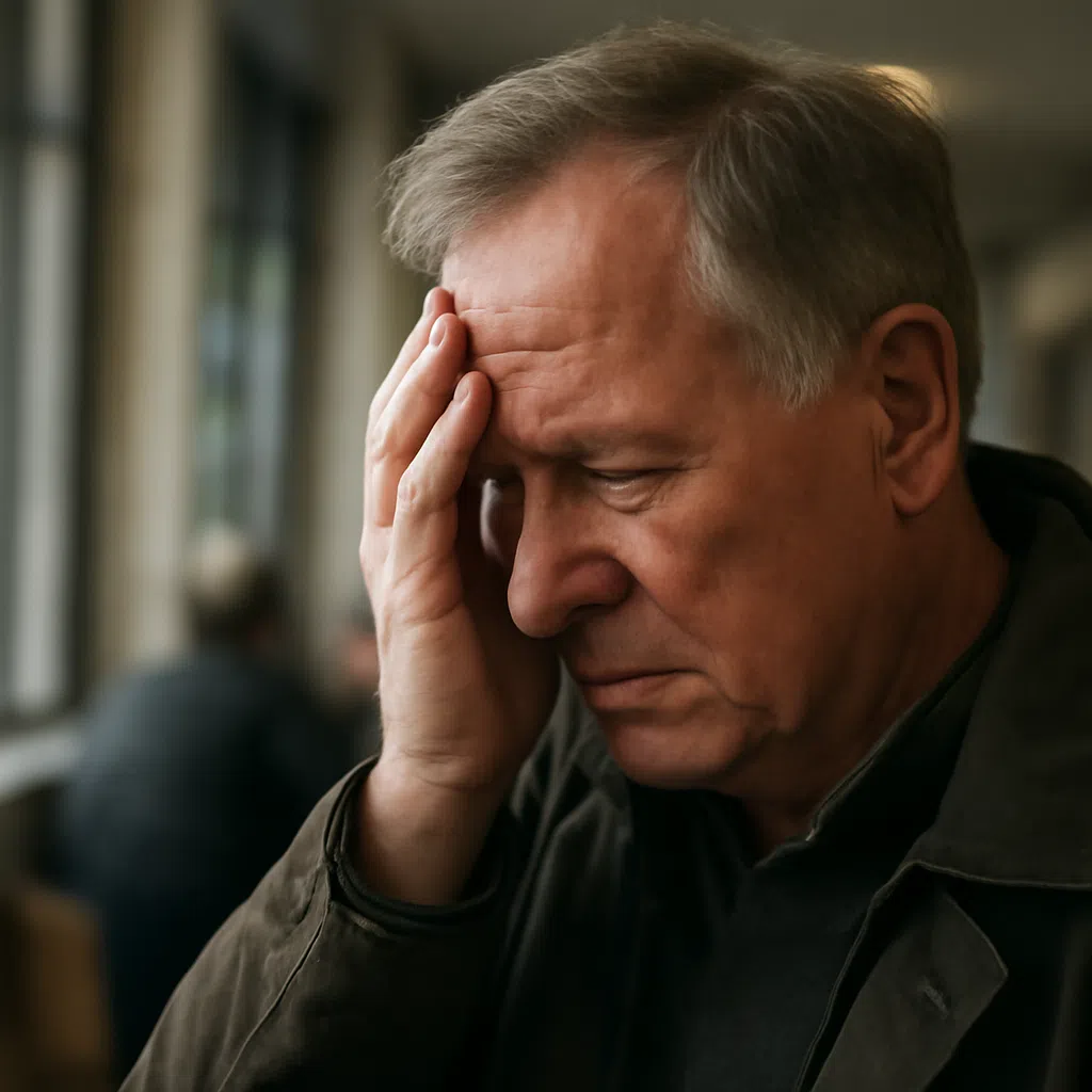 En äldre man med grått hår håller sin hand mot pannan, ser bekymrad ut i en inomhusmiljö med suddiga personer i bakgrunden.
