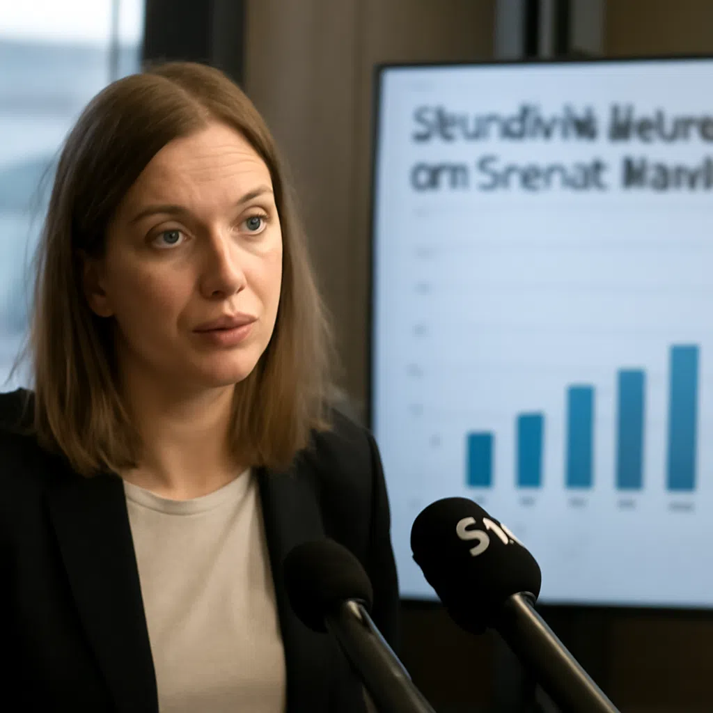 En kvinna i mörk kavaj pratar vid en mikrofon, med en graf på en skärm bakom sig.