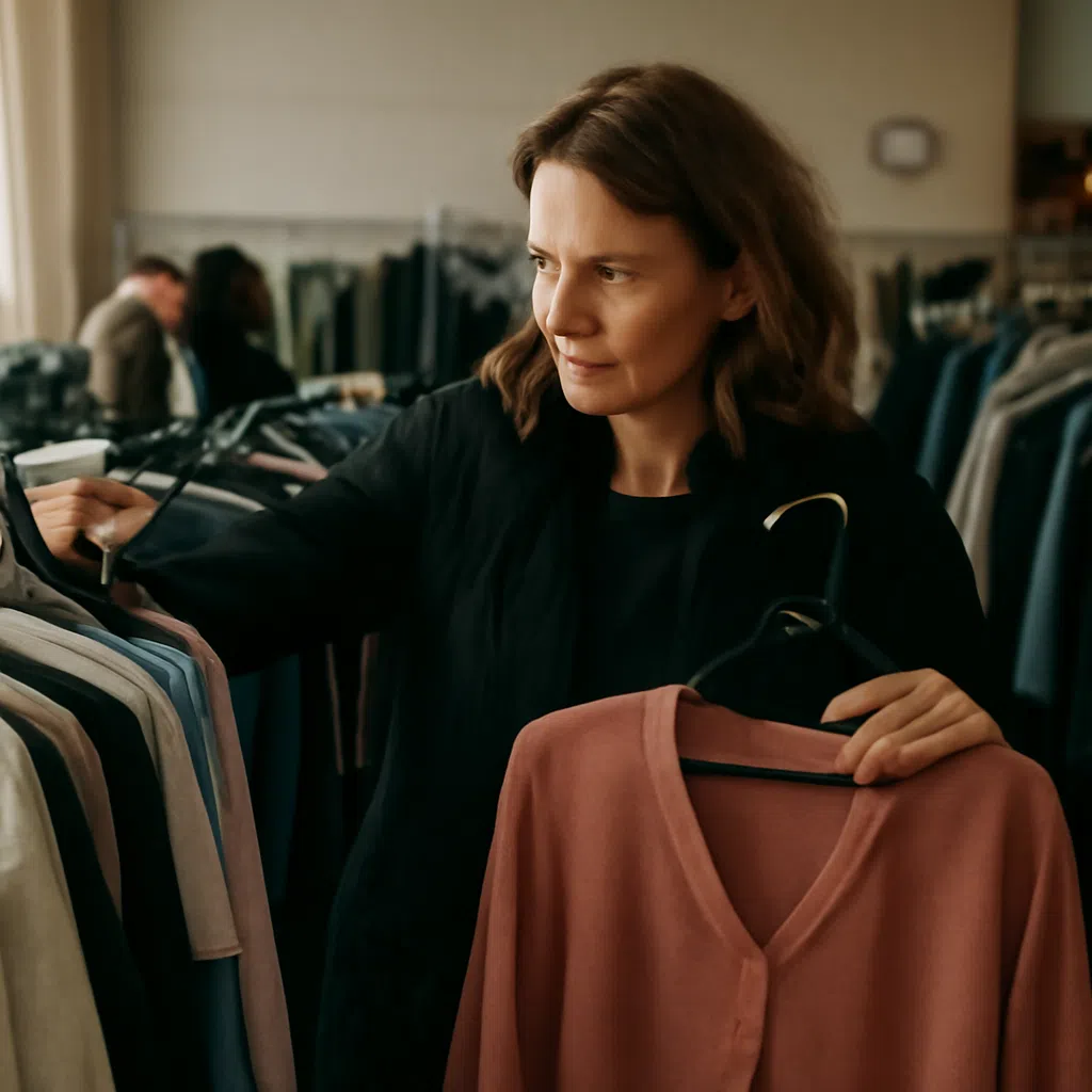 En kvinna i svart jacka bläddrar bland kläder på en klädhängare i en secondhandbutik.