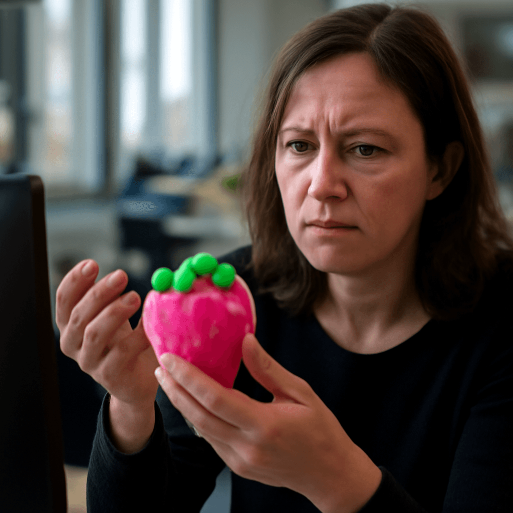 En kvinna med brunt hår sitter vid en dator och håller en rosa squishy med gröna detaljer i handen, ser bekymrad ut.